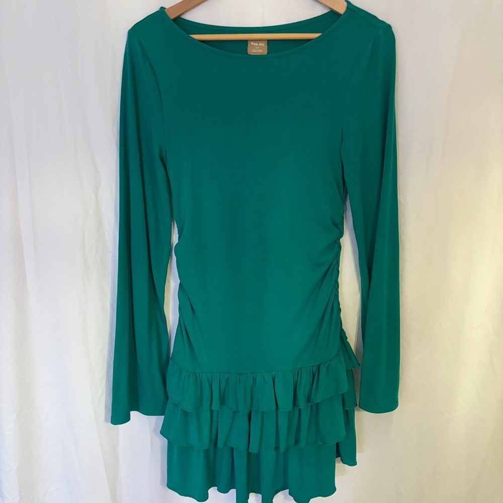 Free People 'Good Feels' Ruffle Long Sleeve Mini Dress in Emerald Green | Size L - Picture 2 of 5